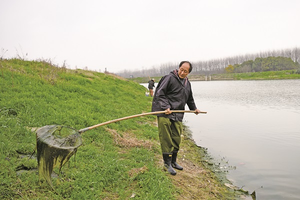 2姜清泉在十五里河前杨段打捞水面漂浮物和水草.jpg